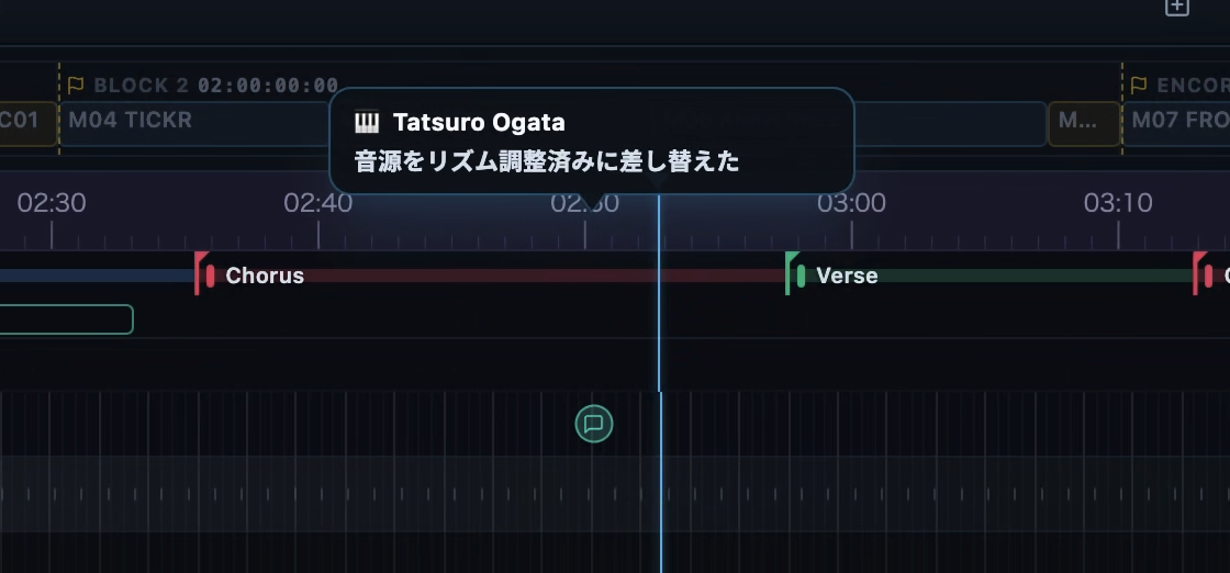 タイムライン上の時刻に紐付いたクラウドコメント。発言者とメッセージの吹き出しが、対象のタイムコード位置に表示されます。
