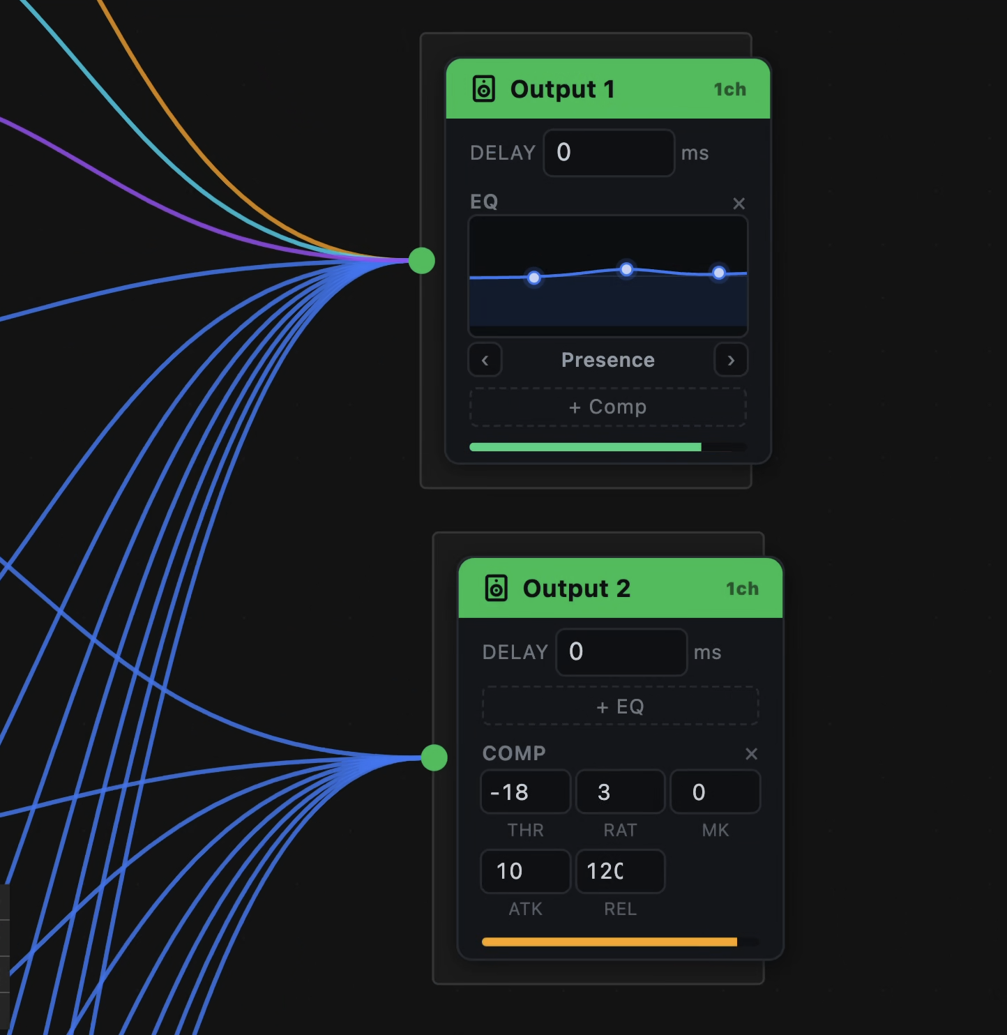 出力ノードの EQ とコンプレッサー。3 バンド EQ（レスポンスカーブと Presence プリセット）と、THR / RAT / MK / ATK / REL を持つコンプレッサーです。