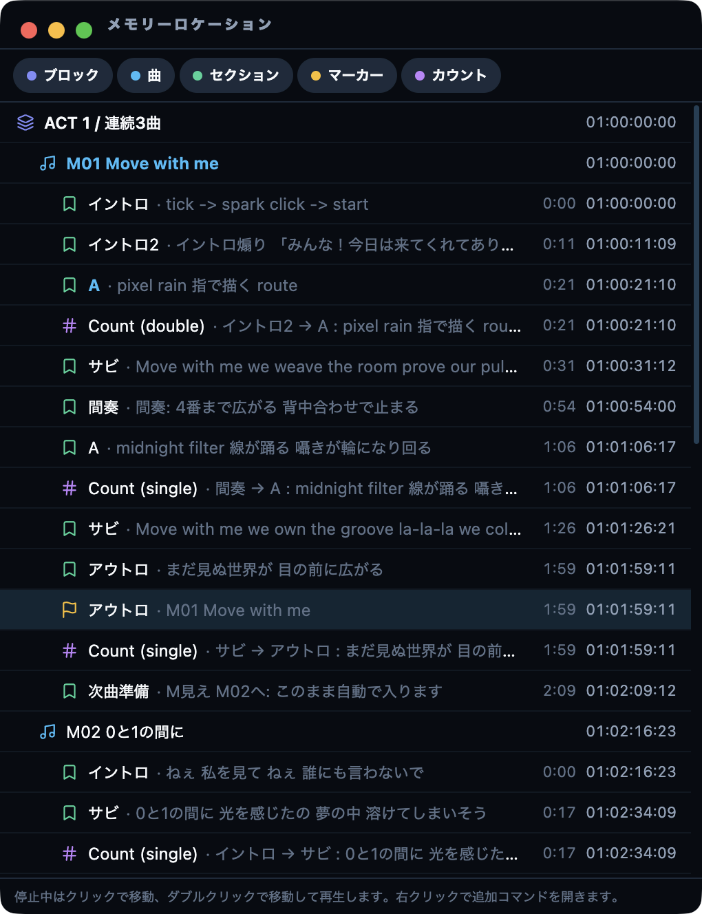 CueFlow Memory Locationsウィンドウ
